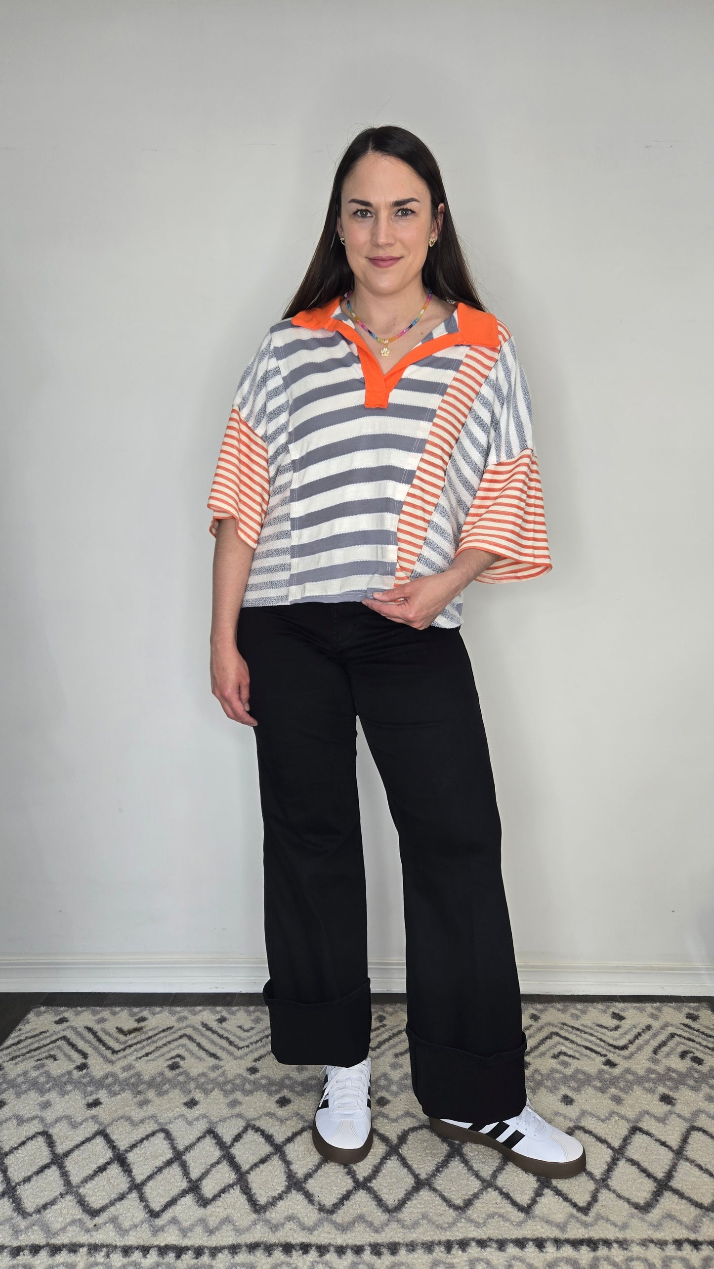 Grey/Orange Striped Contrast Patchwork Polo Top "Hayley"