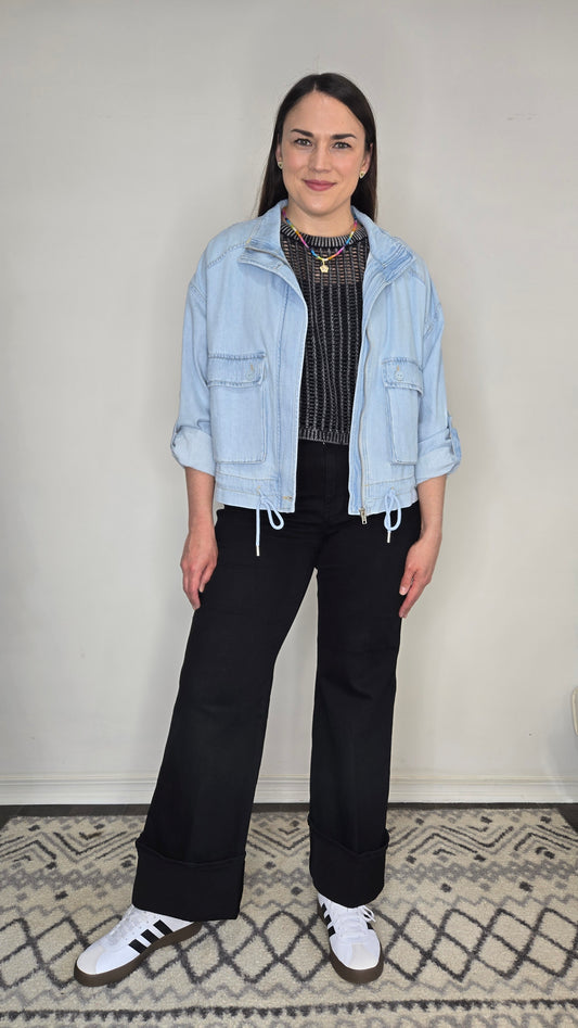 Risen Denim Oversize Cargo Jacket with Pockets and Waist String "Hollis"