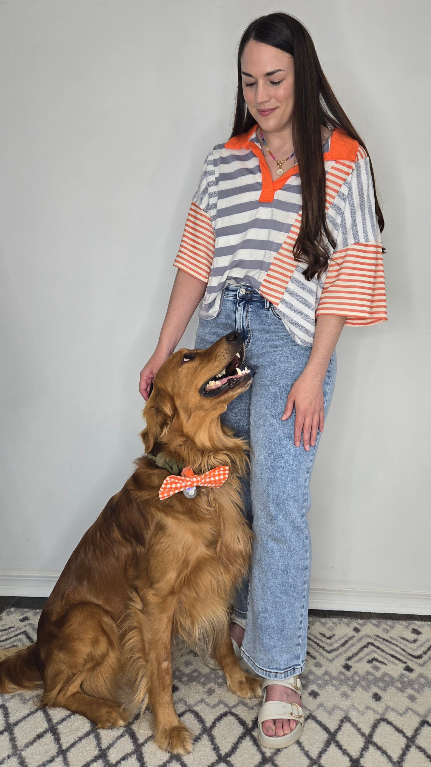 Grey/Orange Striped Contrast Patchwork Polo Top "Hayley"