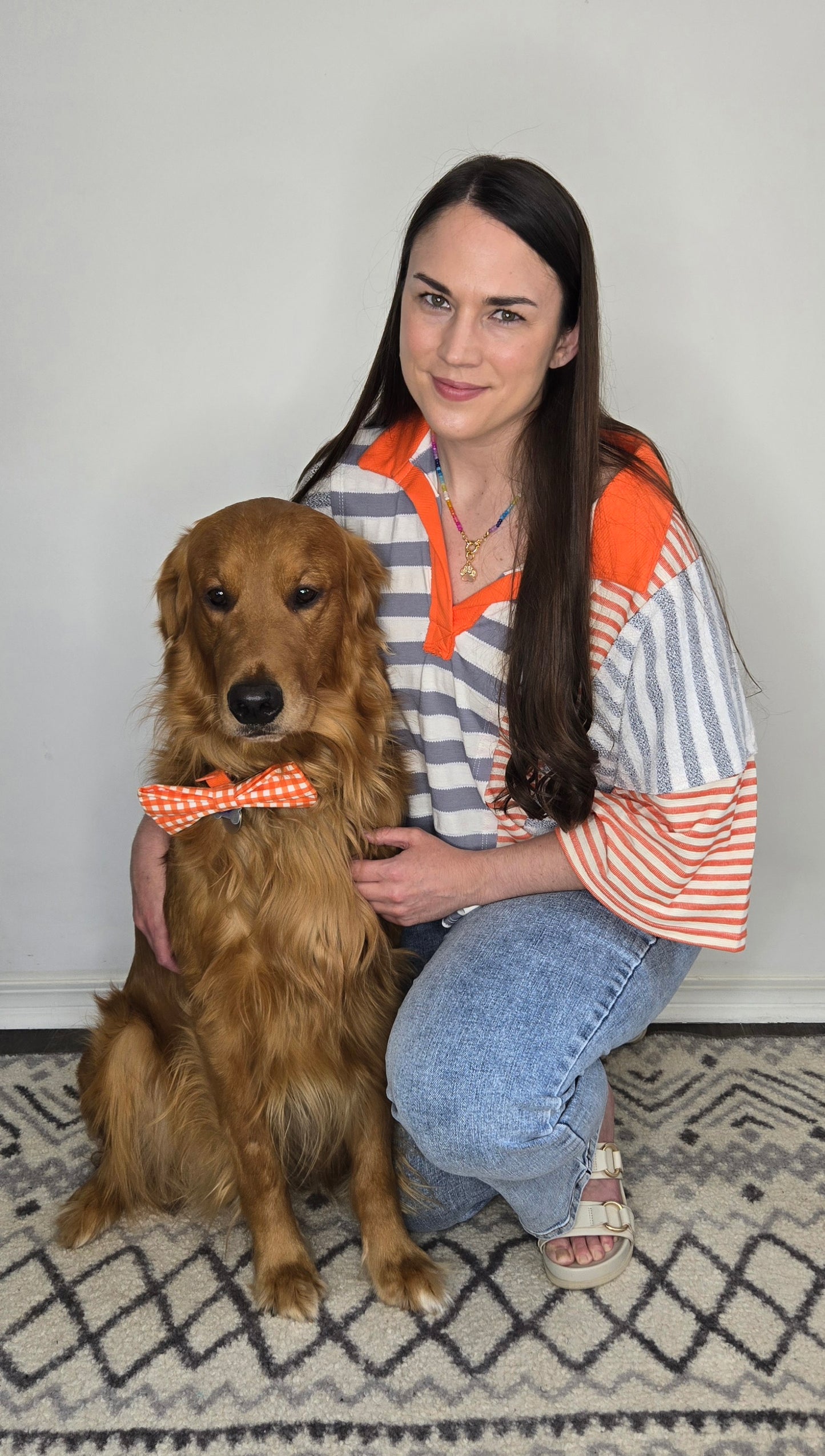 Grey/Orange Striped Contrast Patchwork Polo Top "Hayley"