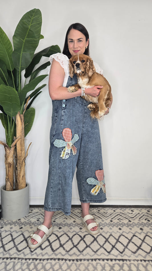 Flower Patchwork Oversize Denim Overalls with Pockets "Cambelle"