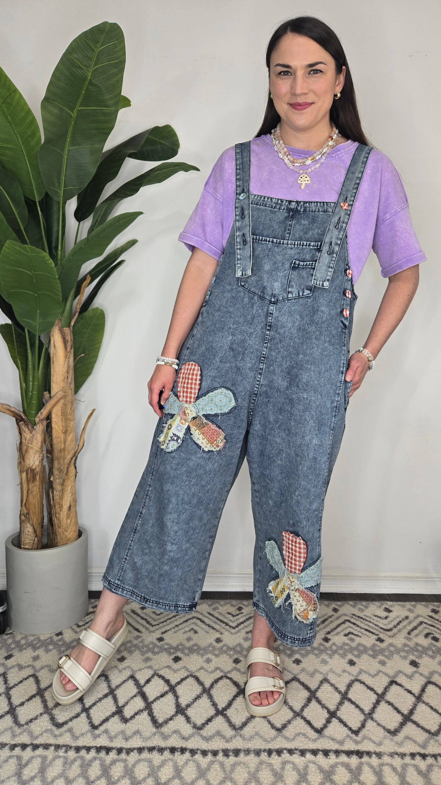 Flower Patchwork Oversize Denim Overalls with Pockets "Cambelle"