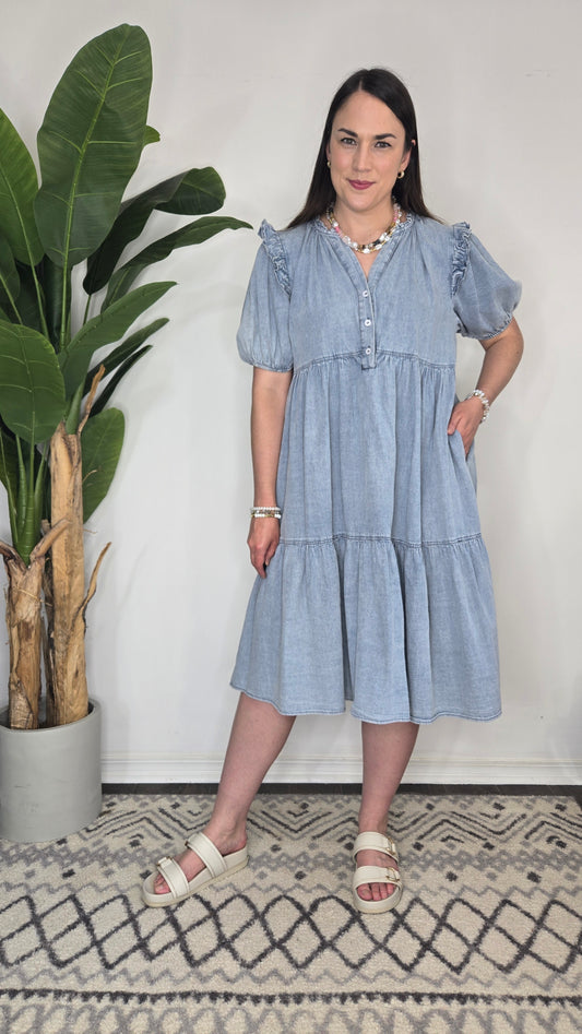 Chambray Ruffle Tiered Midi Dress with Pockets "Penelope"