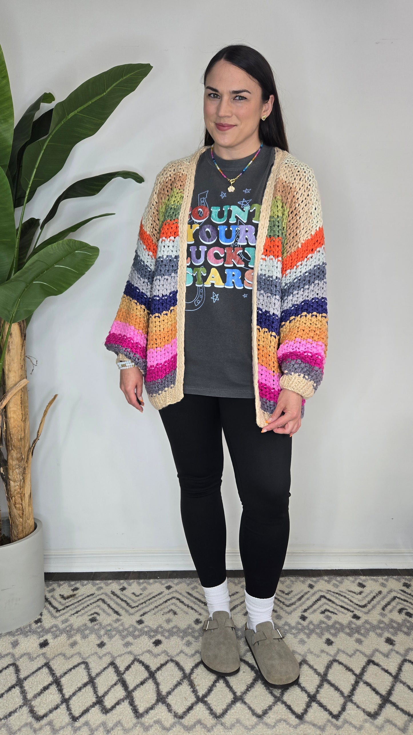 Cream Colorful Stripe Crochet Cardigan "Crissy"