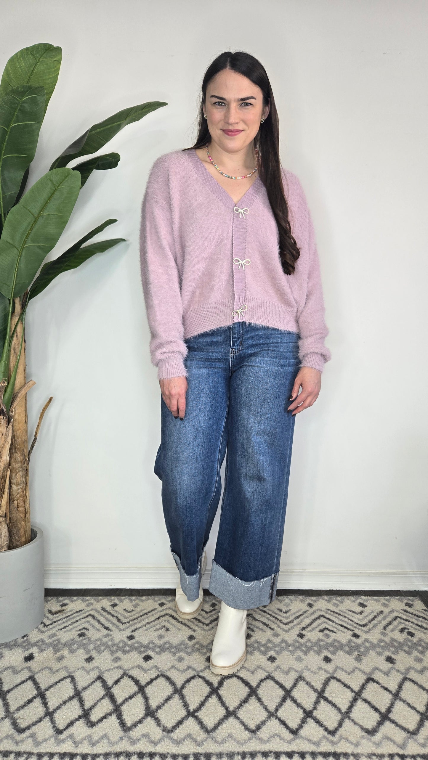 Lavender Fuzzy Hair Yarn Cropped Cardigan with Rhinestone Bows and Buttons "Rhiannon"