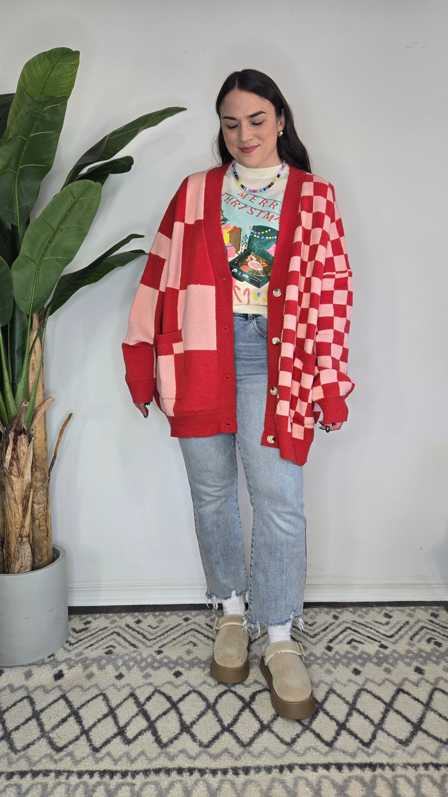 Red/Pink Checkered Cardigan "Vivien"