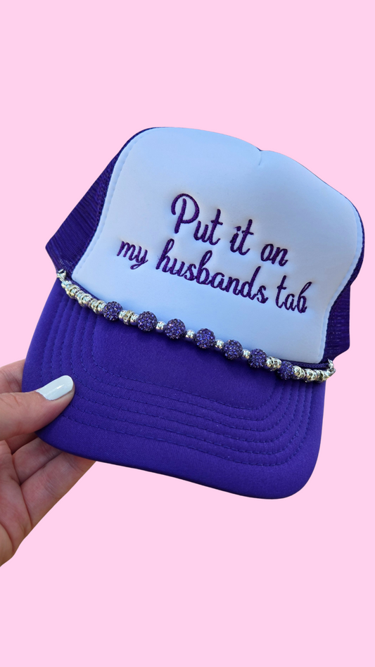 Purple/White “Put it on my husband’s tab” Trucker Hat & Chain