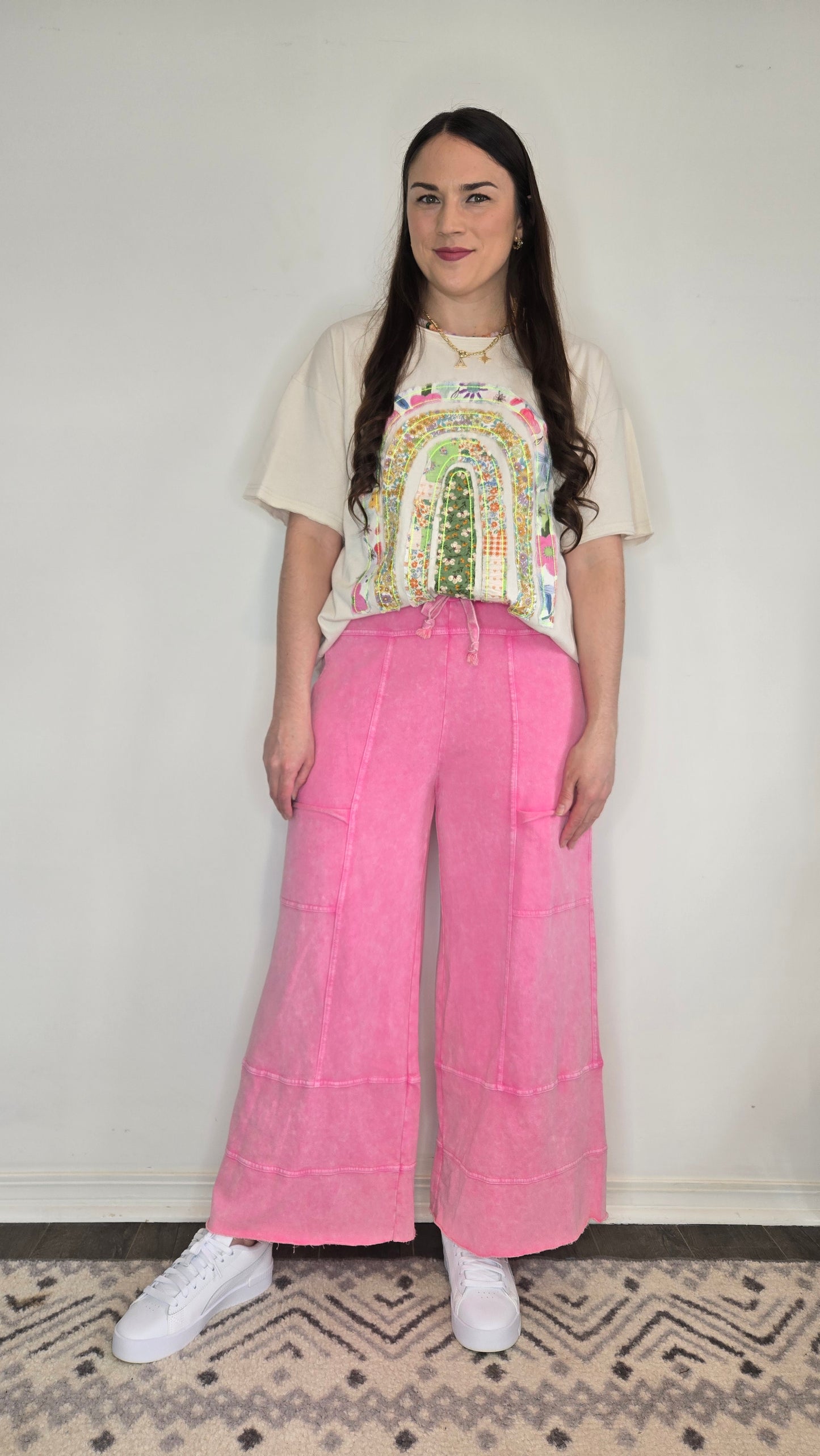 Ecru Floral Rainbow Patchwork Oversive Short Sleeve Top "Ophelia" (L)