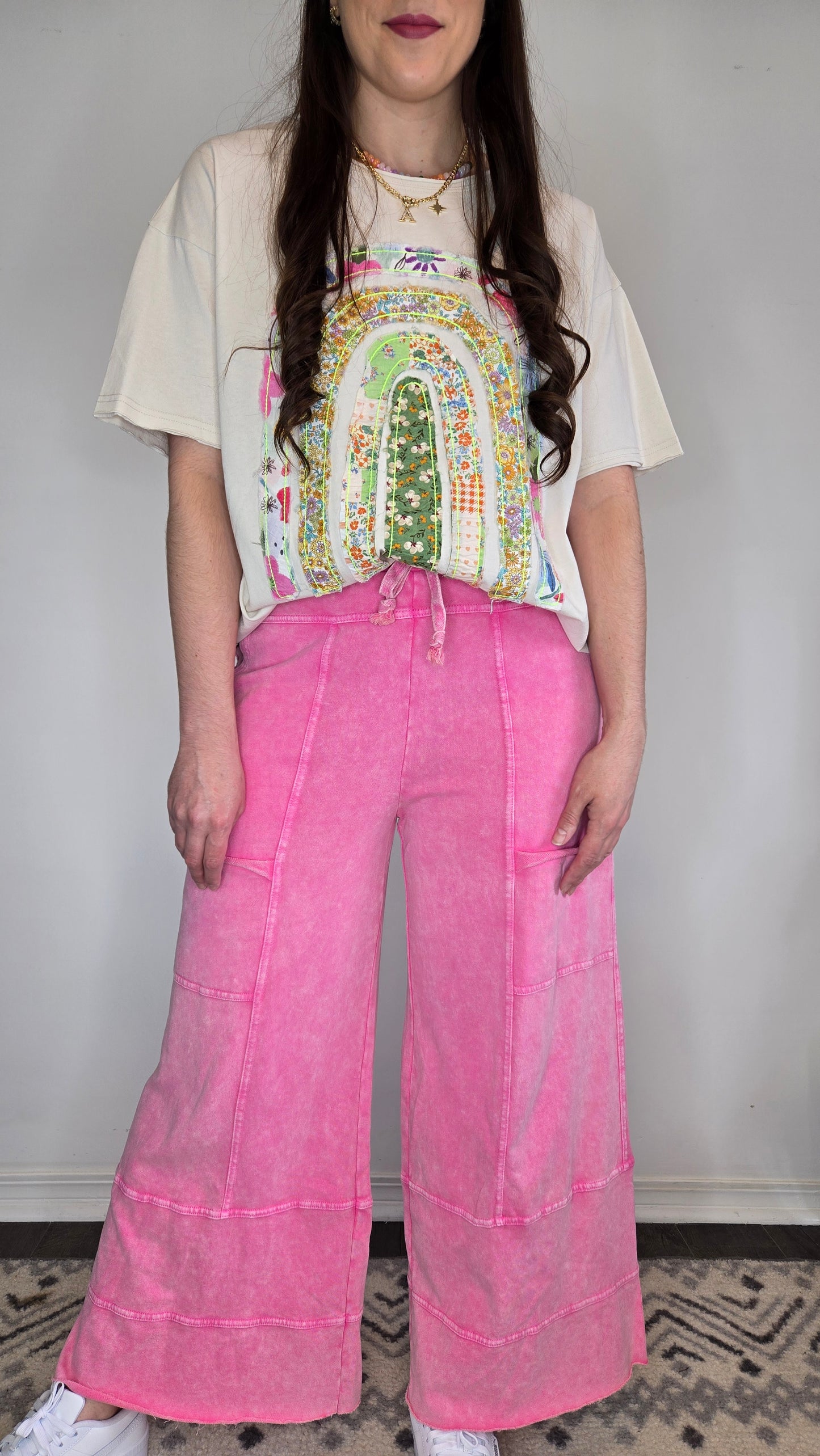 Ecru Floral Rainbow Patchwork Oversive Short Sleeve Top "Ophelia" (L)