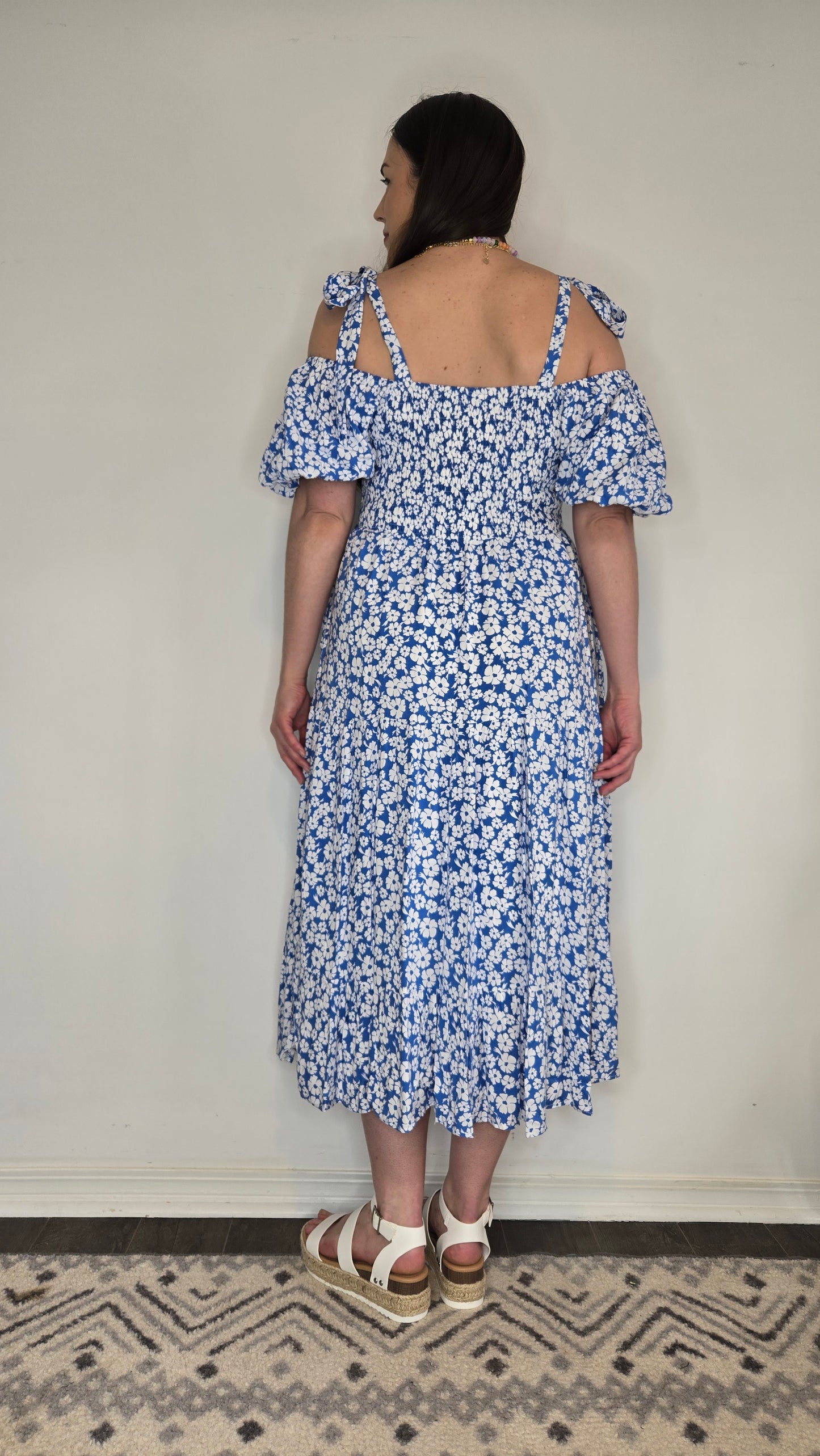 Blue Floral Versatile Sleeve Smocked Midi Dress with Pockets "Pixie"