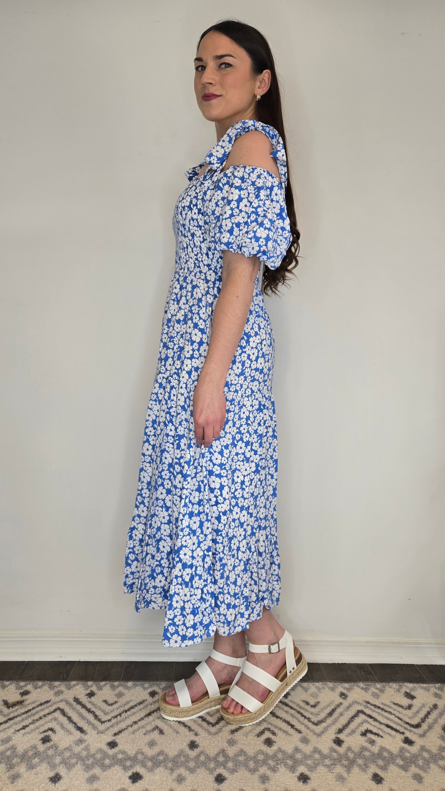 Blue Floral Versatile Sleeve Smocked Midi Dress with Pockets "Pixie"