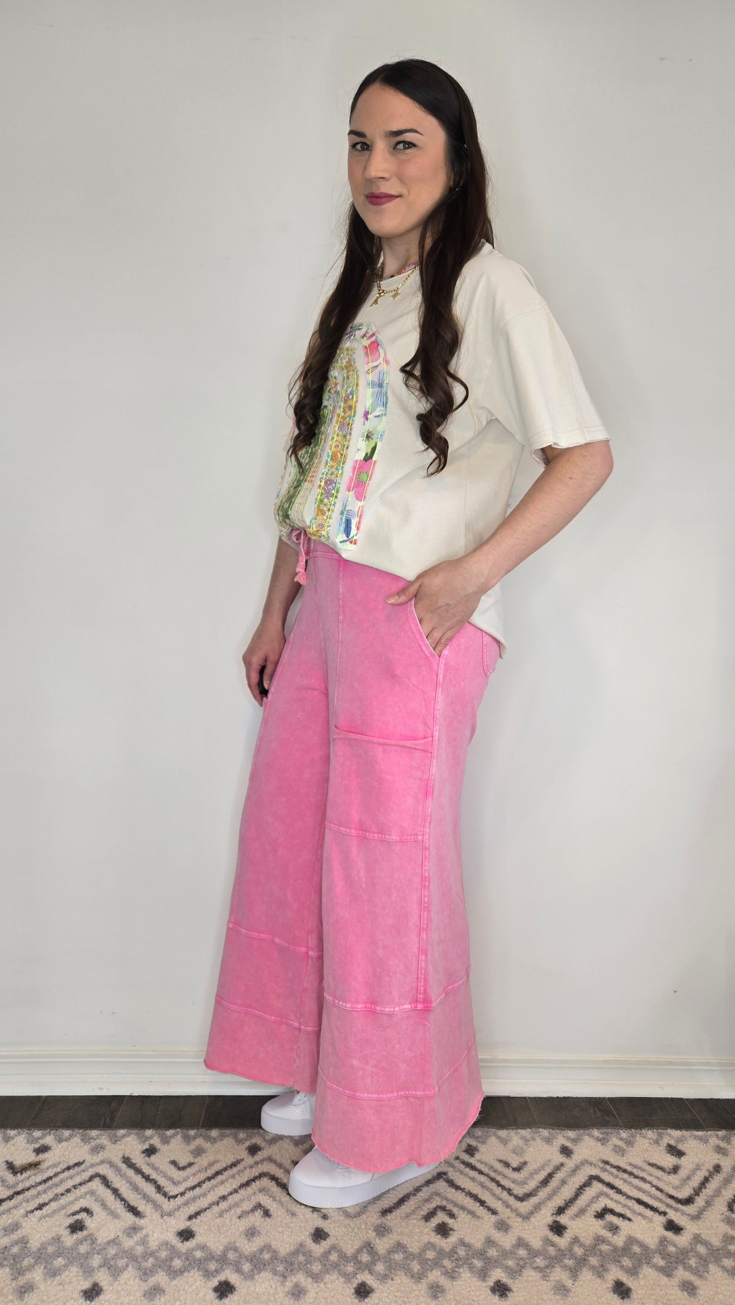 Pink Mineral Washed Terry Knit Wide Leg Lifestyle Pants "Aleyna"