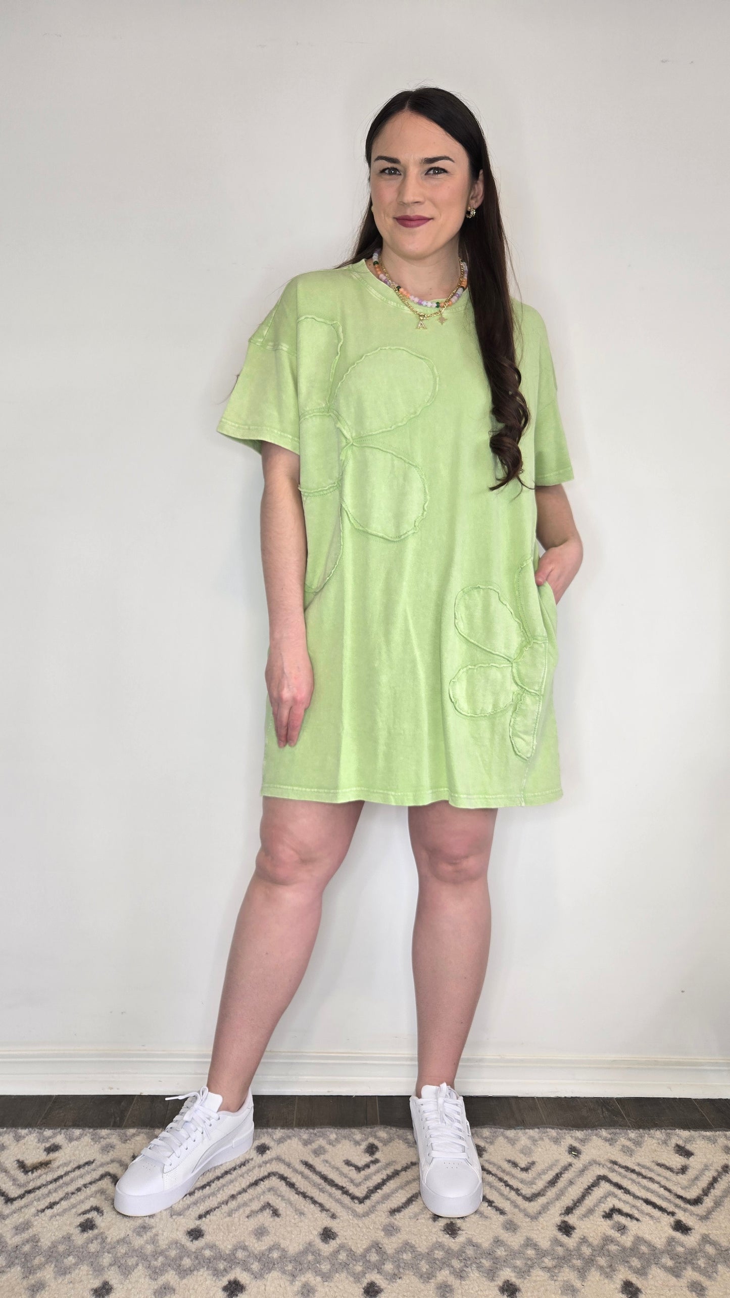 Apple Green Floral Acid Wash Dress with Pockets "Sabrina"