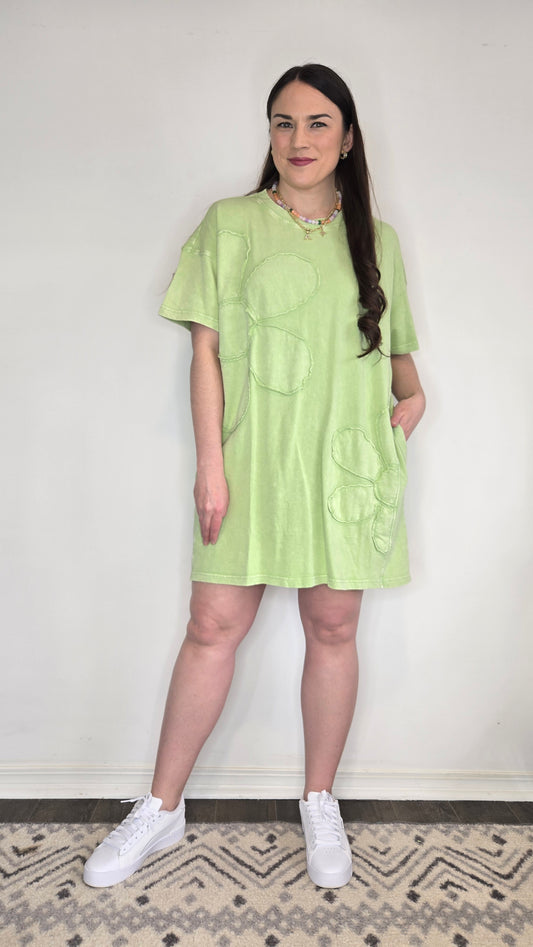 Apple Green Floral Acid Wash Dress with Pockets "Sabrina"