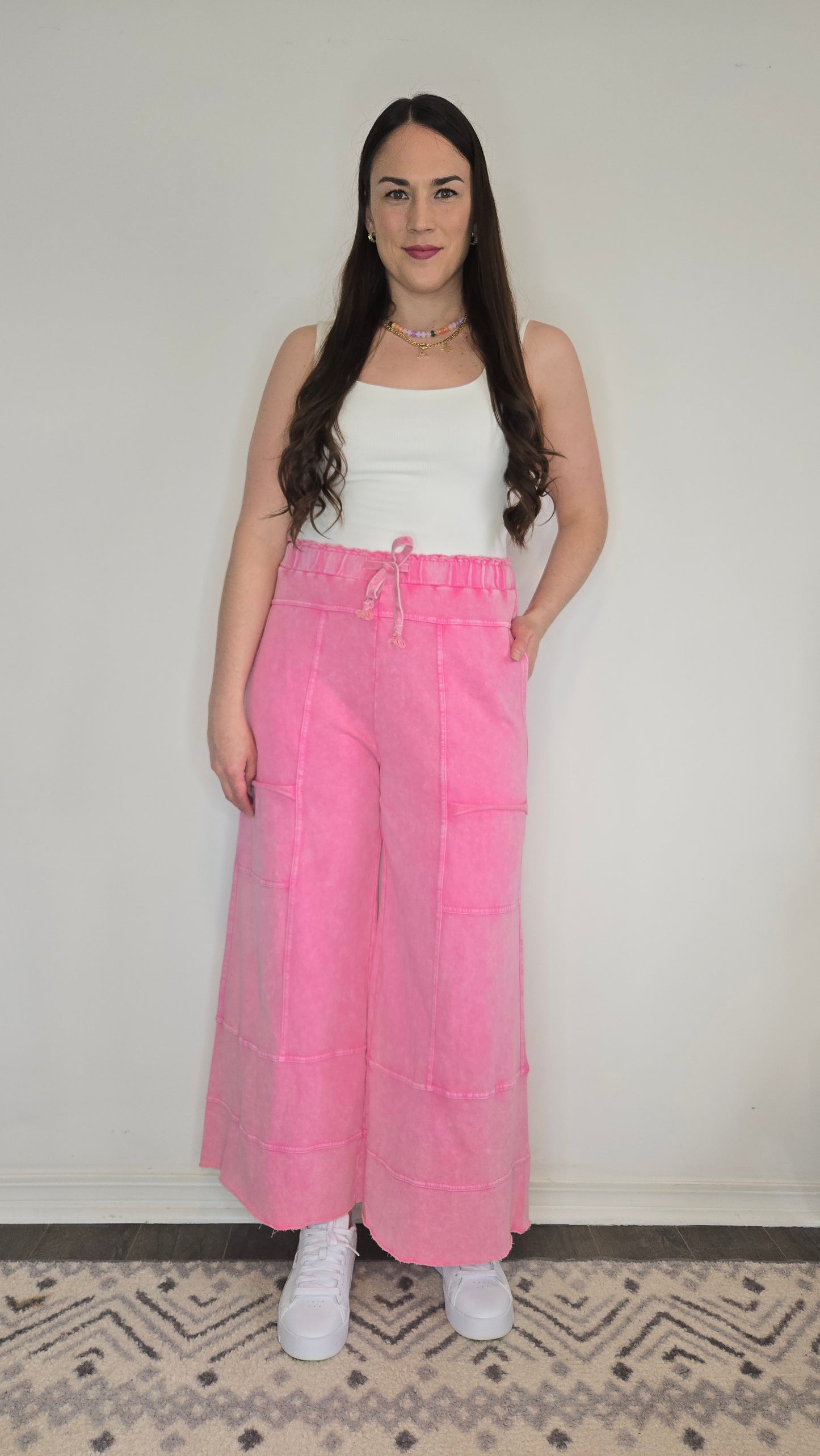 Pink Mineral Washed Terry Knit Wide Leg Lifestyle Pants "Aleyna"
