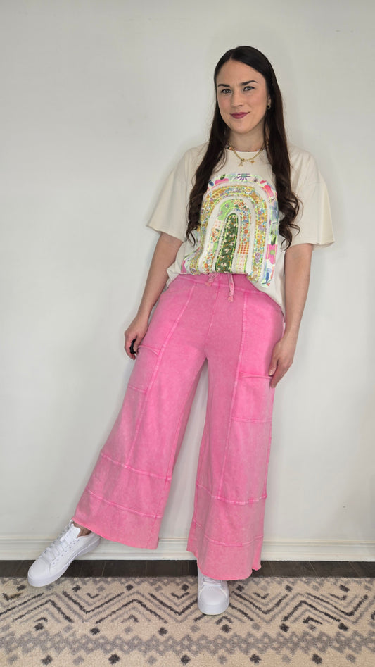 Pink Mineral Washed Terry Knit Wide Leg Lifestyle Pants "Aleyna"