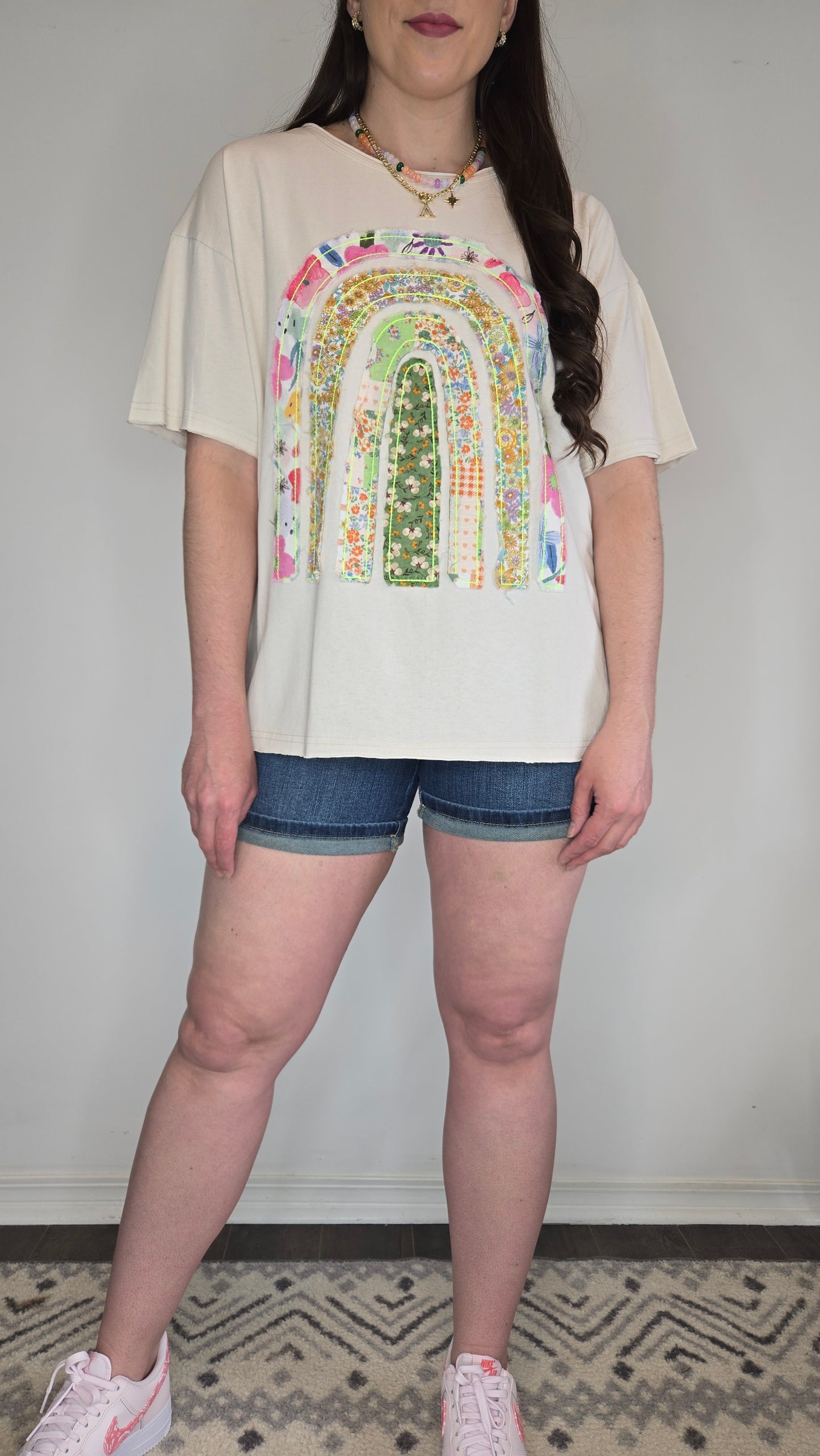 Ecru Floral Rainbow Patchwork Oversive Short Sleeve Top "Ophelia" (L)