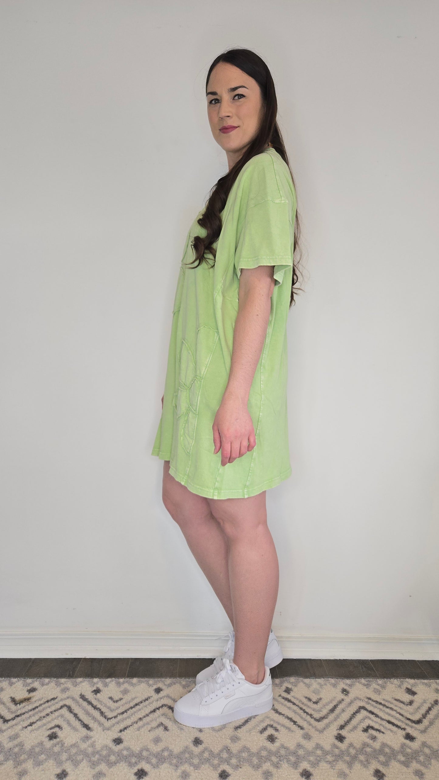 Apple Green Floral Acid Wash Dress with Pockets "Sabrina"