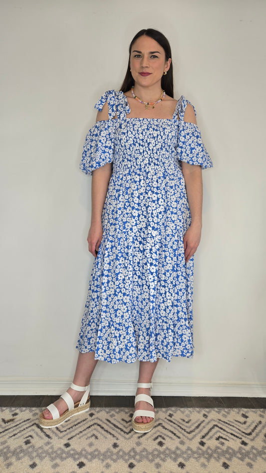 Blue Floral Versatile Sleeve Smocked Midi Dress with Pockets "Pixie"