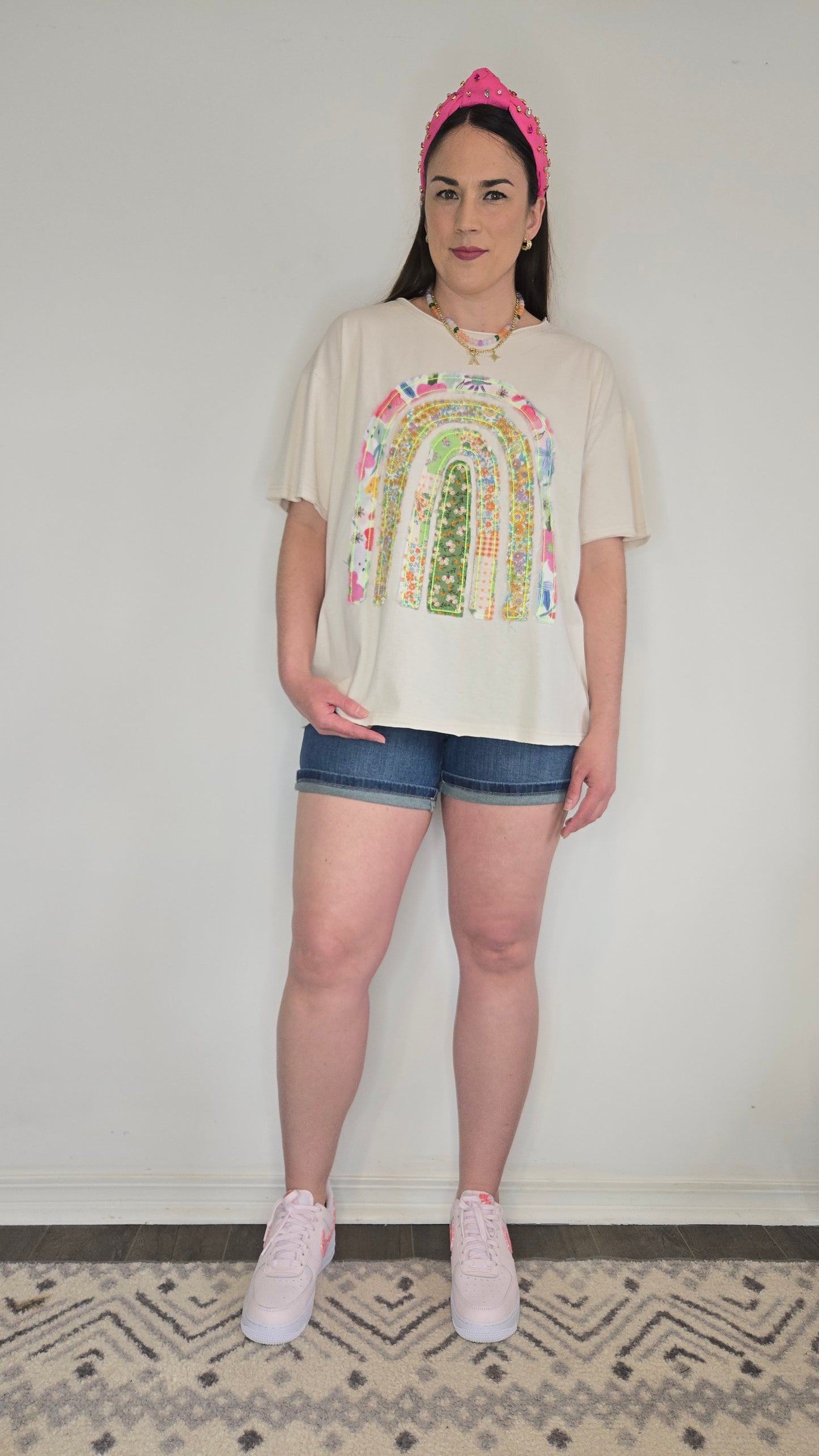 Ecru Floral Rainbow Patchwork Oversive Short Sleeve Top "Ophelia" (L)