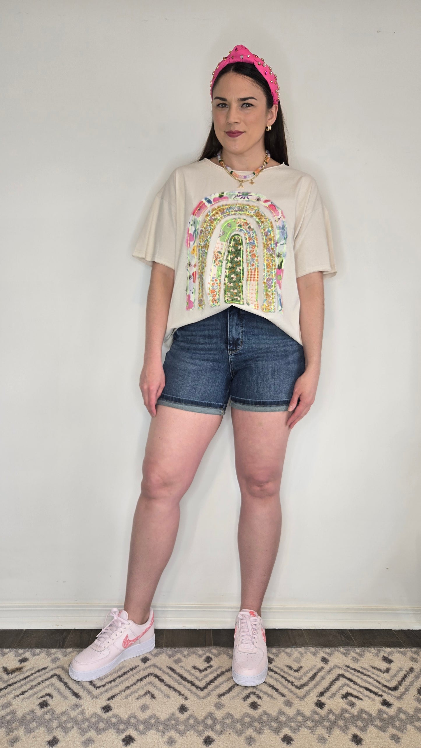 Ecru Floral Rainbow Patchwork Oversive Short Sleeve Top "Ophelia" (L)