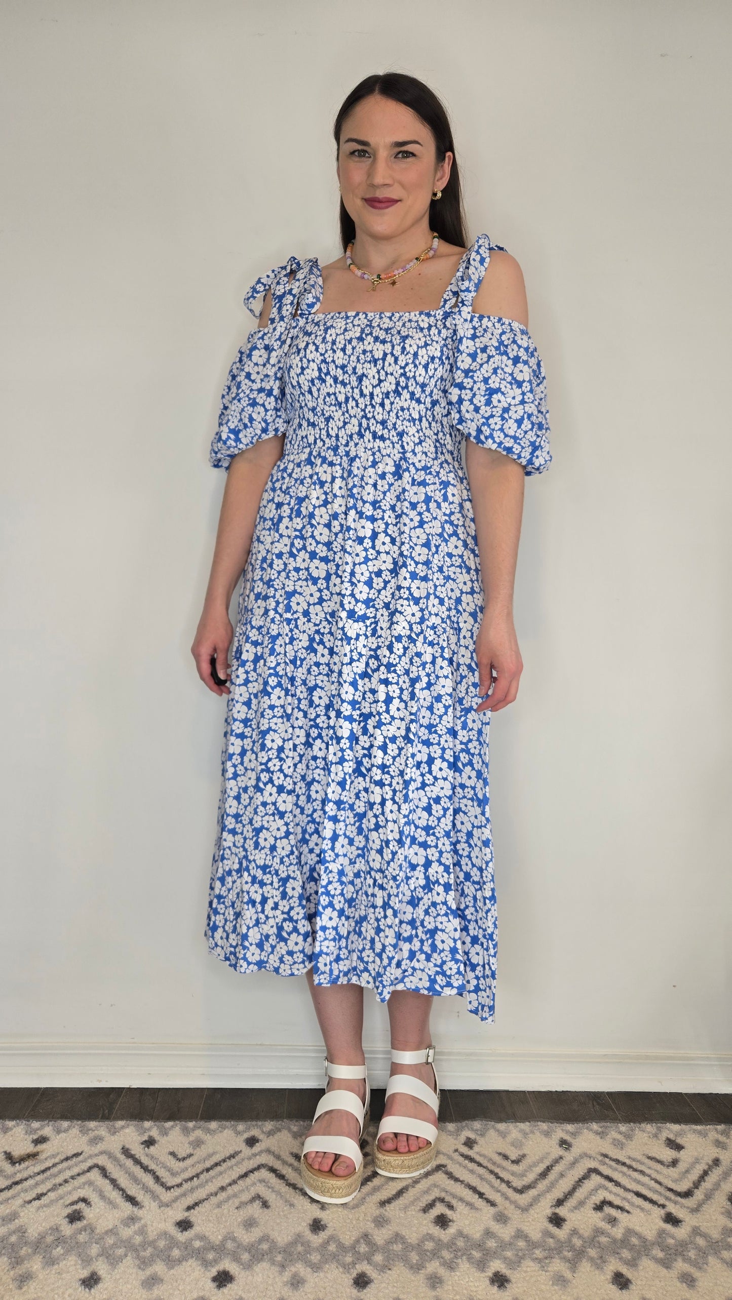 Blue Floral Versatile Sleeve Smocked Midi Dress with Pockets "Pixie"