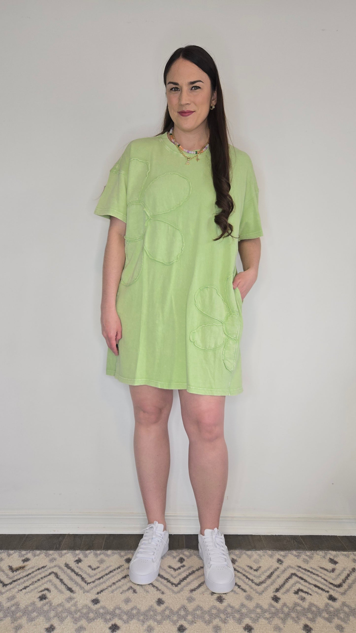 Apple Green Floral Acid Wash Dress with Pockets "Sabrina"