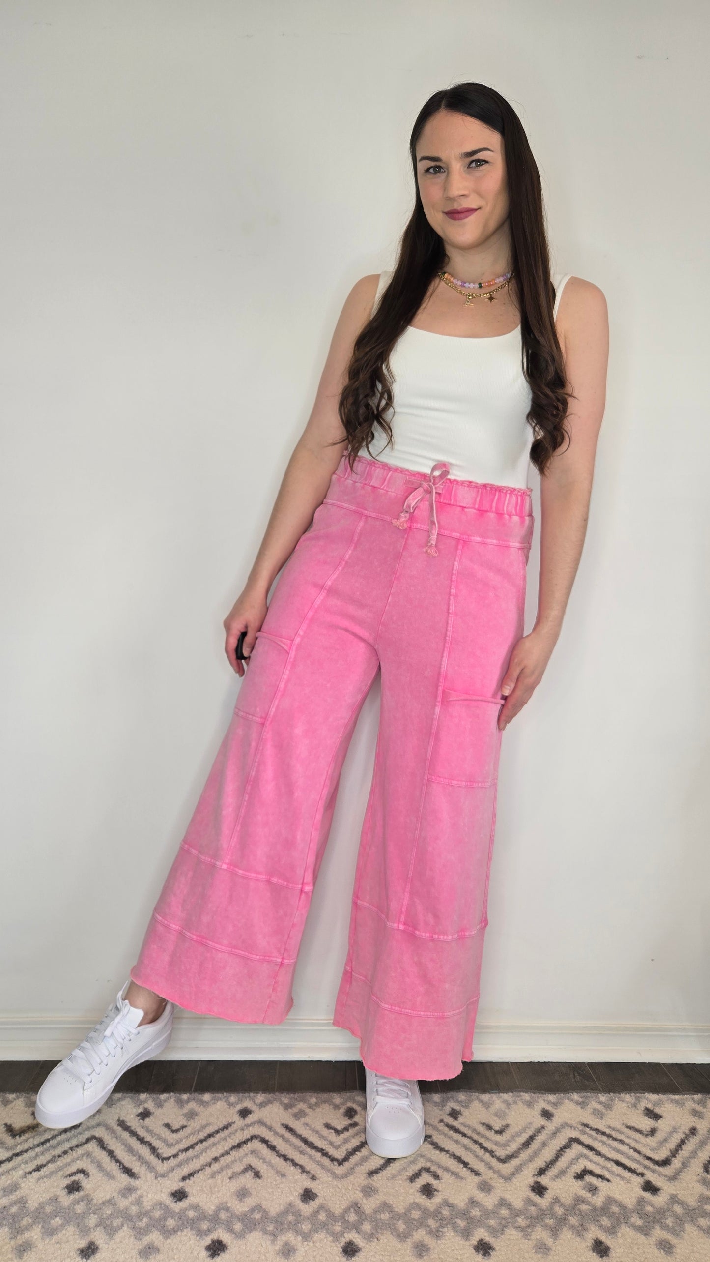 Pink Mineral Washed Terry Knit Wide Leg Lifestyle Pants "Aleyna"