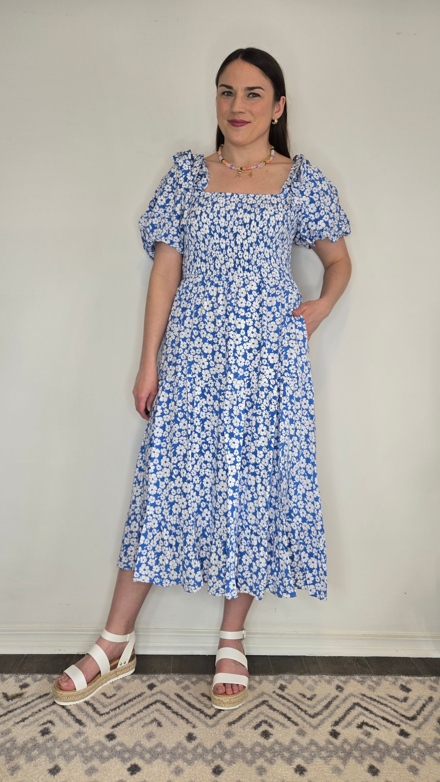 Blue Floral Versatile Sleeve Smocked Midi Dress with Pockets "Pixie"