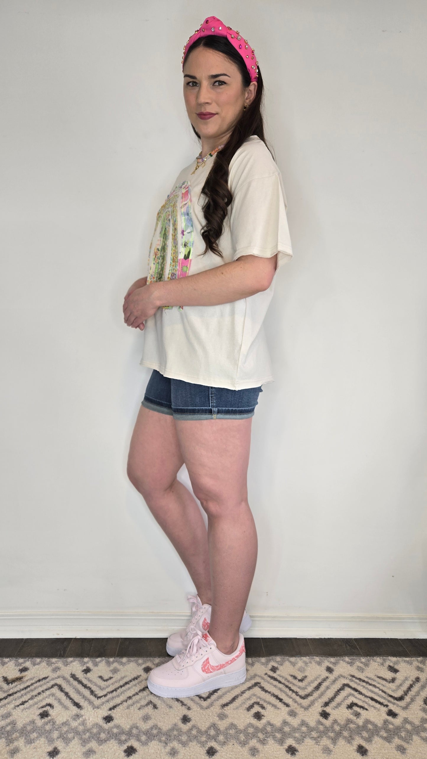 Ecru Floral Rainbow Patchwork Oversive Short Sleeve Top "Ophelia" (L)