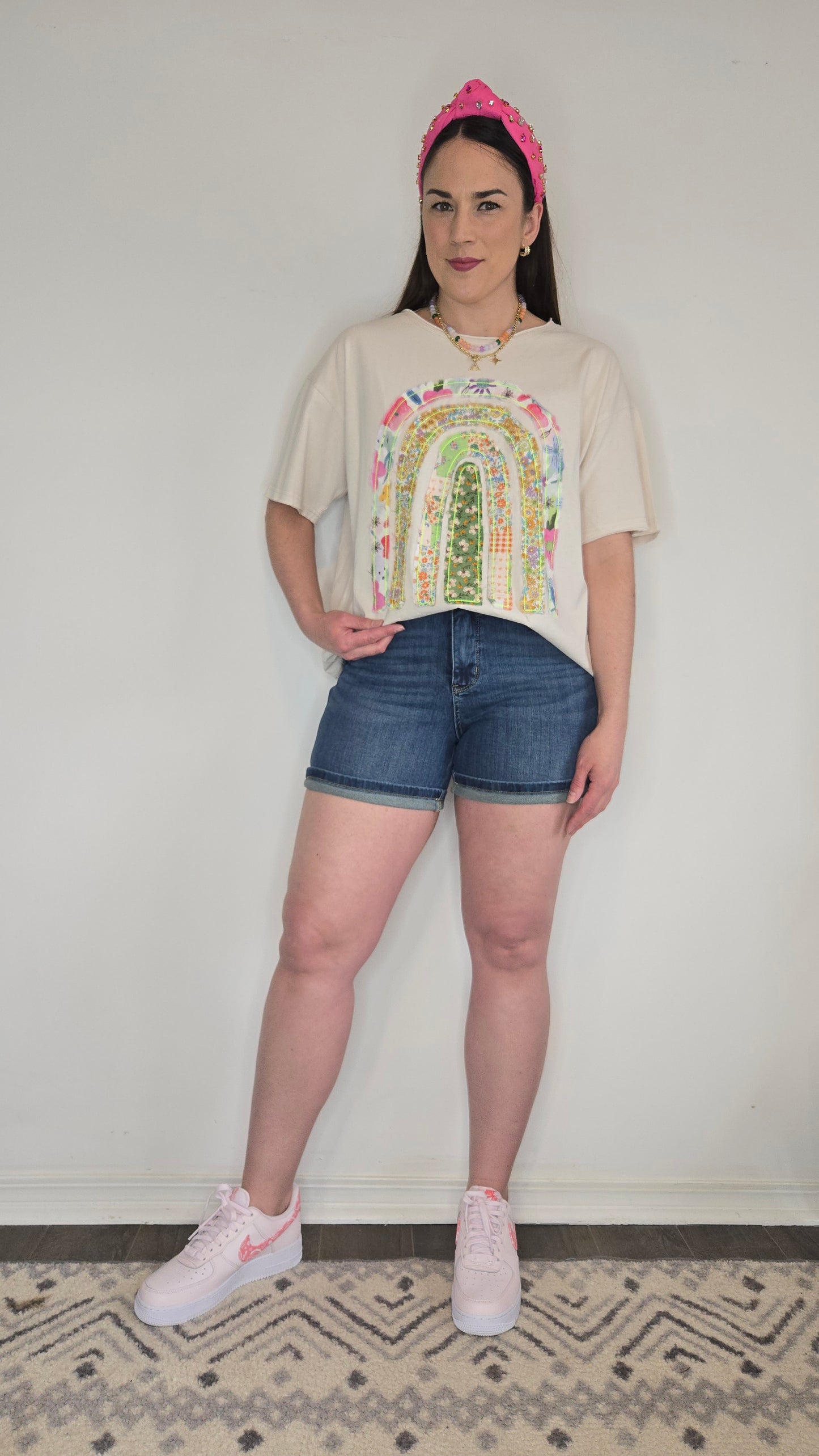 Ecru Floral Rainbow Patchwork Oversive Short Sleeve Top "Ophelia" (L)