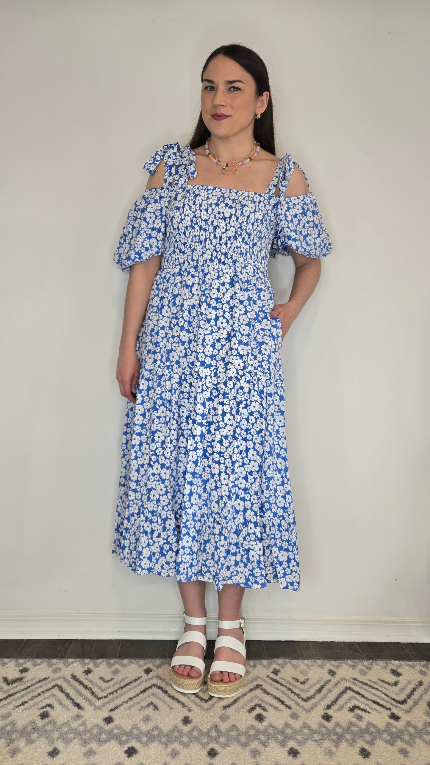 Blue Floral Versatile Sleeve Smocked Midi Dress with Pockets "Pixie"
