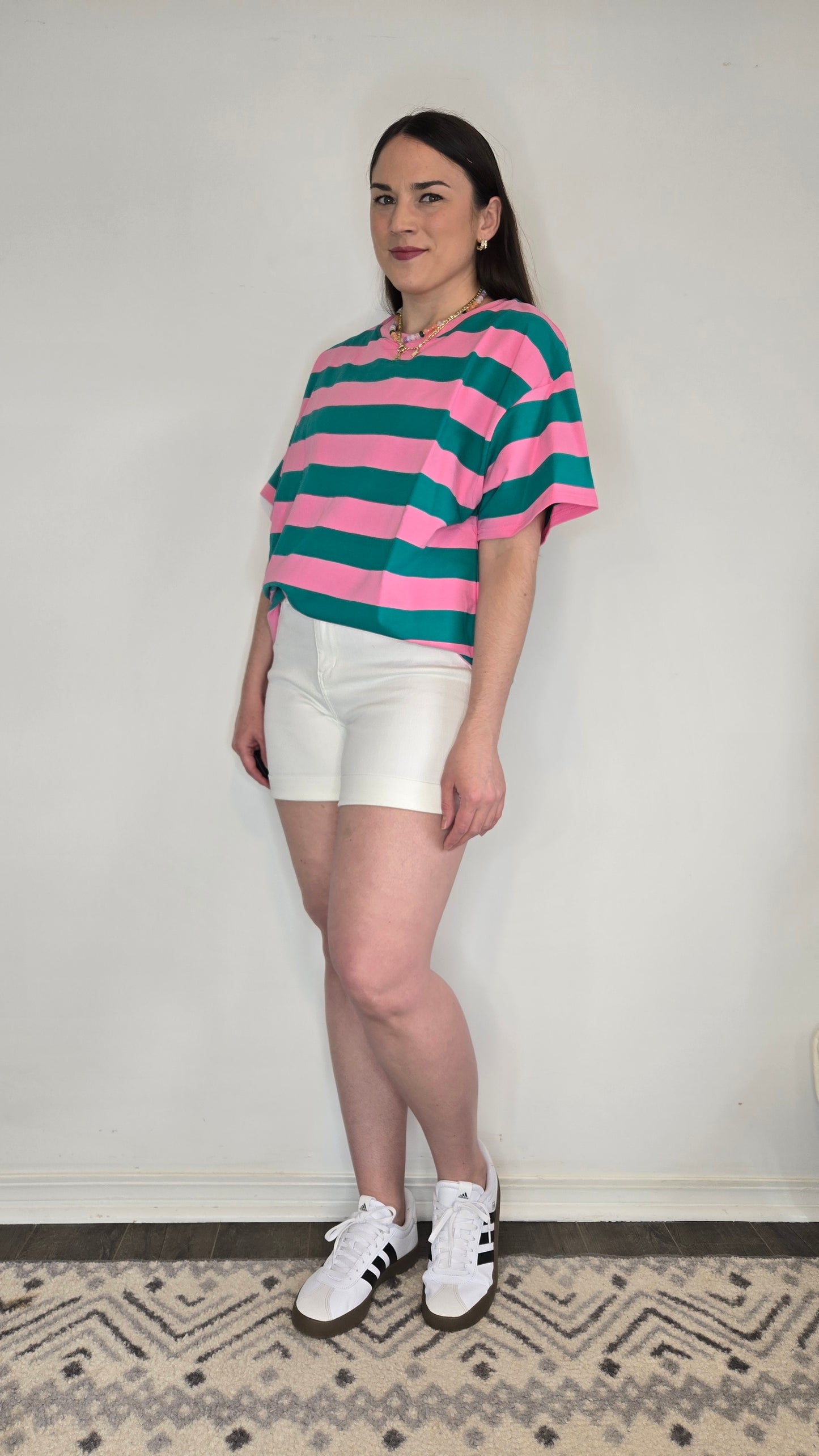 Pink/Green Stripe Oversize Short Sleeve Top "Juniper"