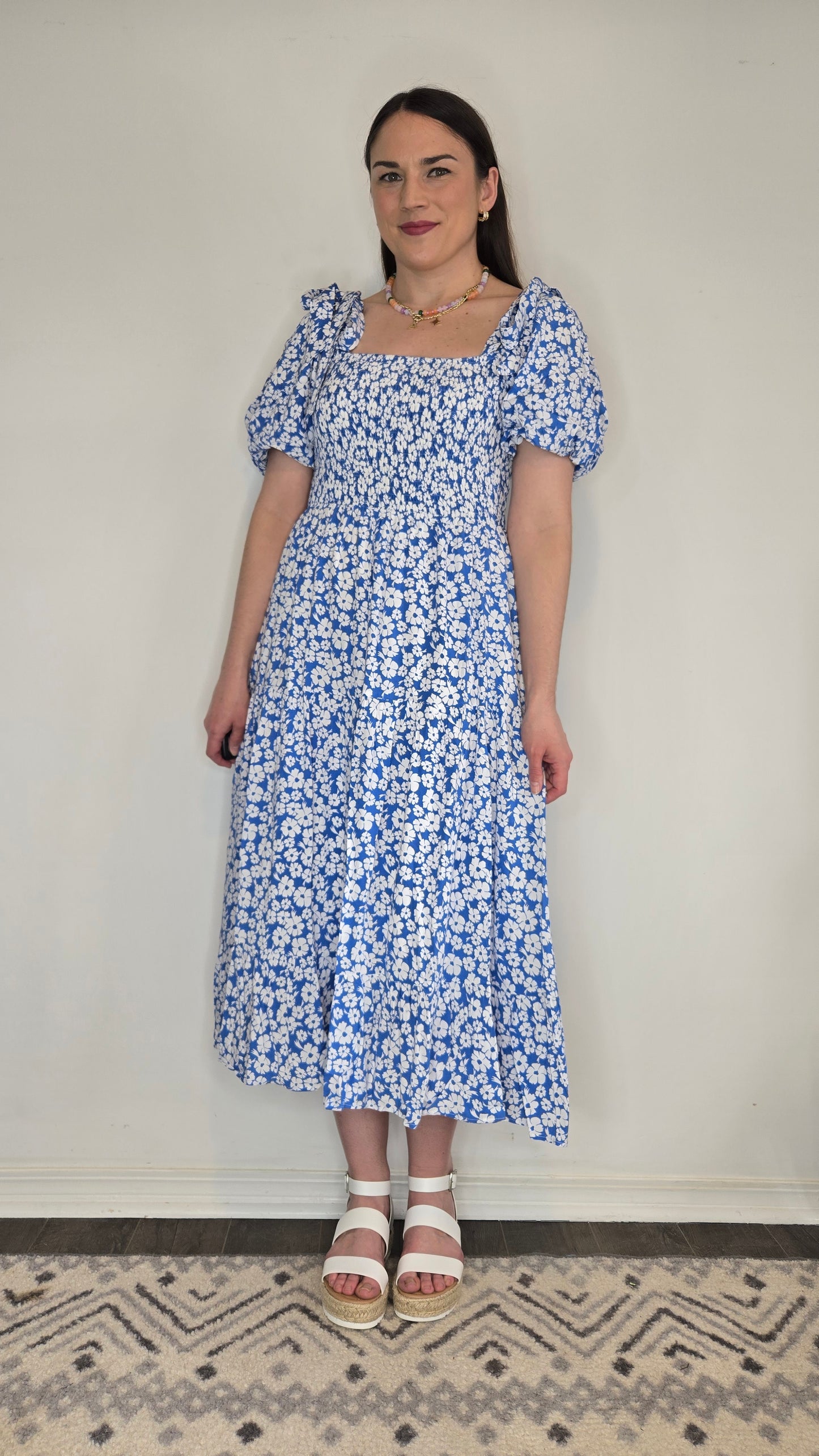 Blue Floral Versatile Sleeve Smocked Midi Dress with Pockets "Pixie"