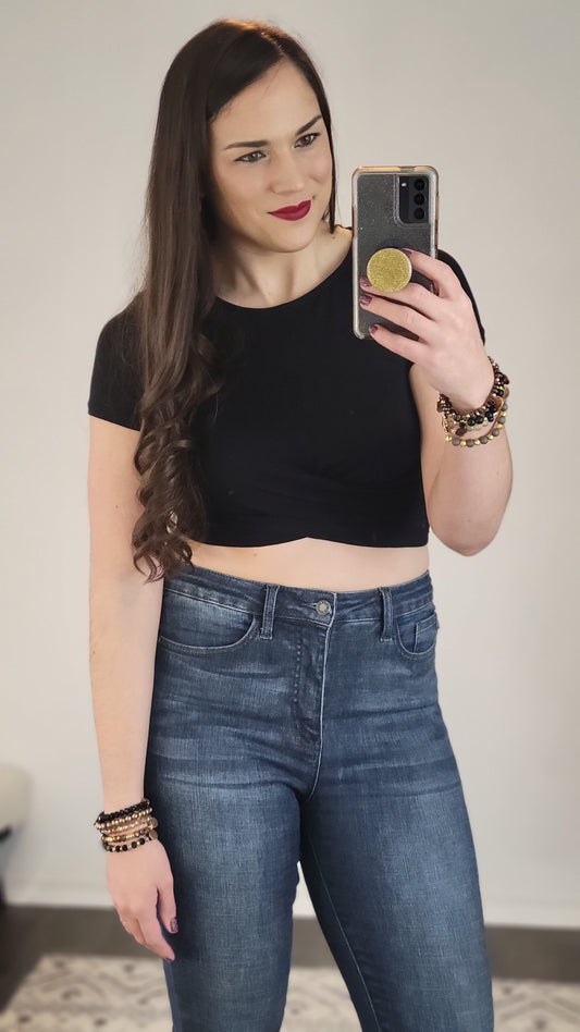 Black Twist Front Short Sleeve Crop Top “Nicole” (S)(XL)