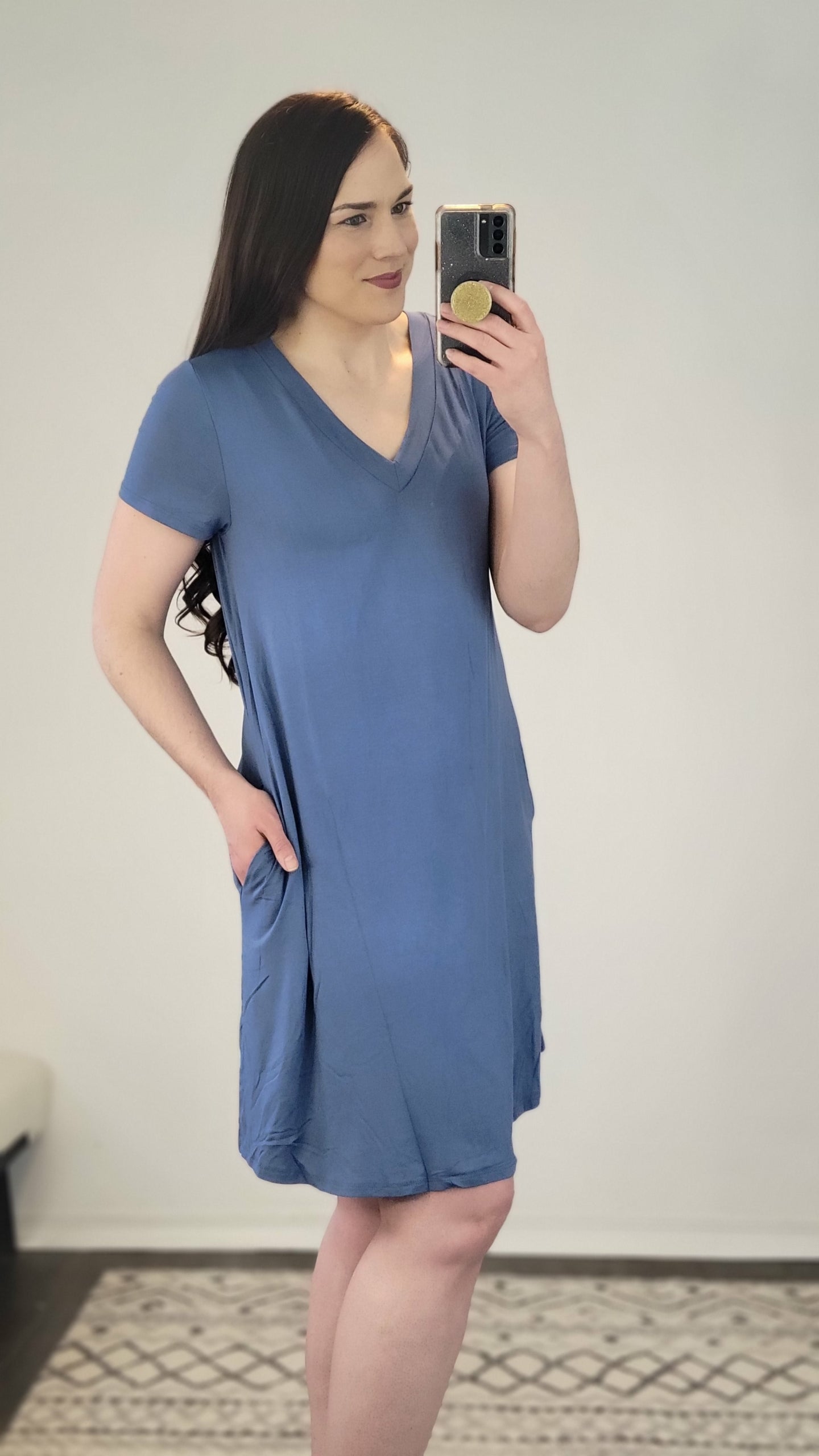 Indigo V-Neck Short Sleeve Bamboo Mini Dress “Marley” (S)