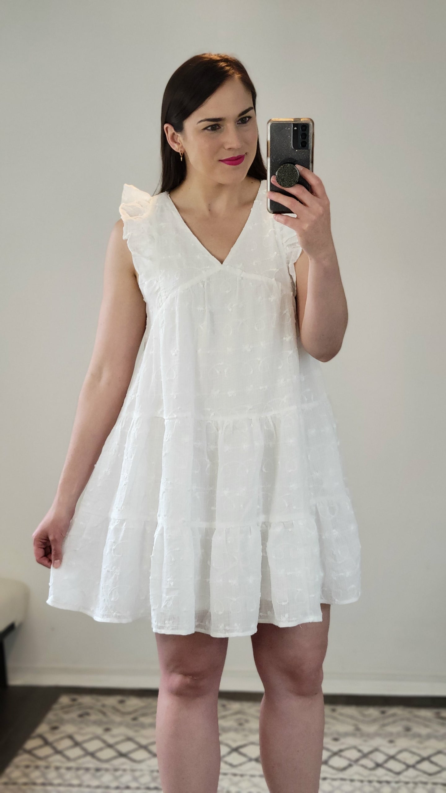 White Puff Embroidered Ruffled V-Neck Mini Dress with Pockets “Rachel” (L)(1X)