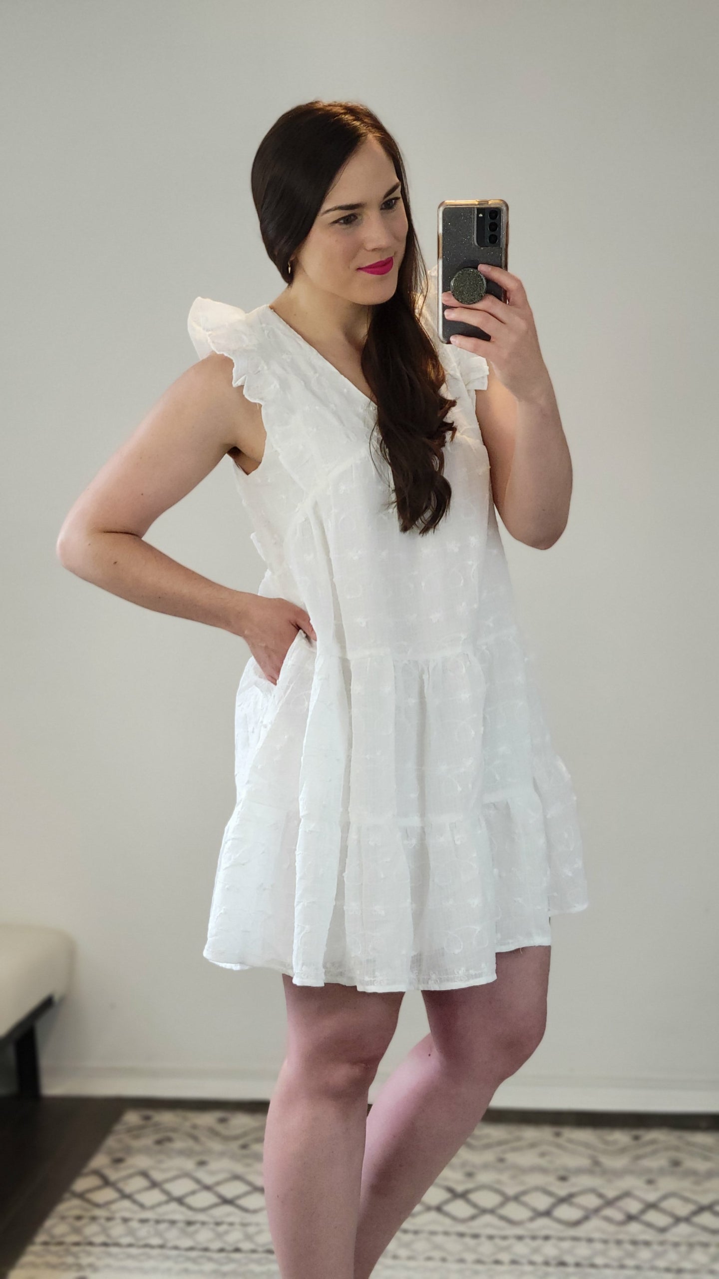 White Puff Embroidered Ruffled V-Neck Mini Dress with Pockets “Rachel” (L)(1X)