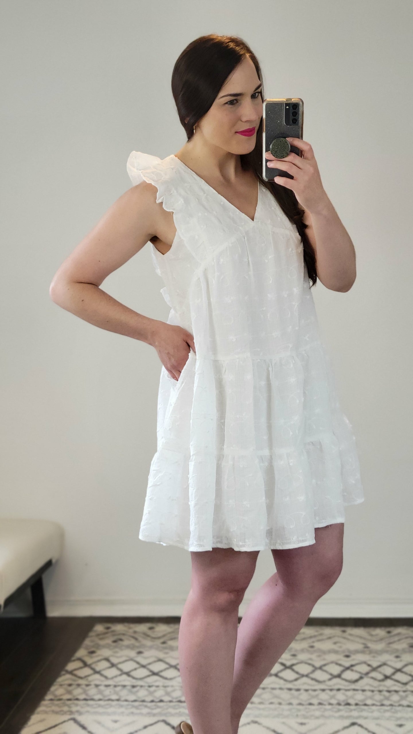 White Puff Embroidered Ruffled V-Neck Mini Dress with Pockets “Rachel” (L)(1X)