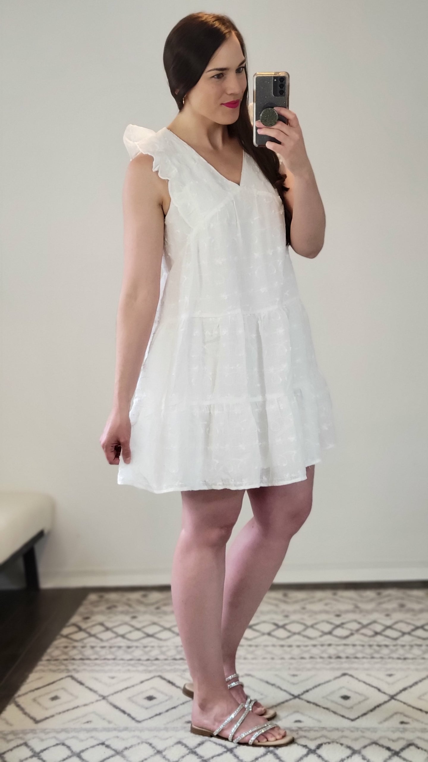 White Puff Embroidered Ruffled V-Neck Mini Dress with Pockets “Rachel” (L)(1X)