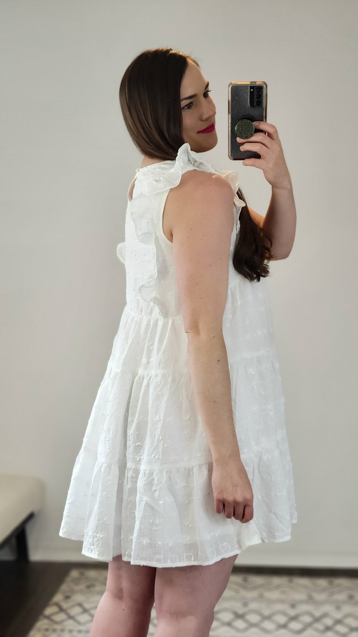 White Puff Embroidered Ruffled V-Neck Mini Dress with Pockets “Rachel” (L)(1X)