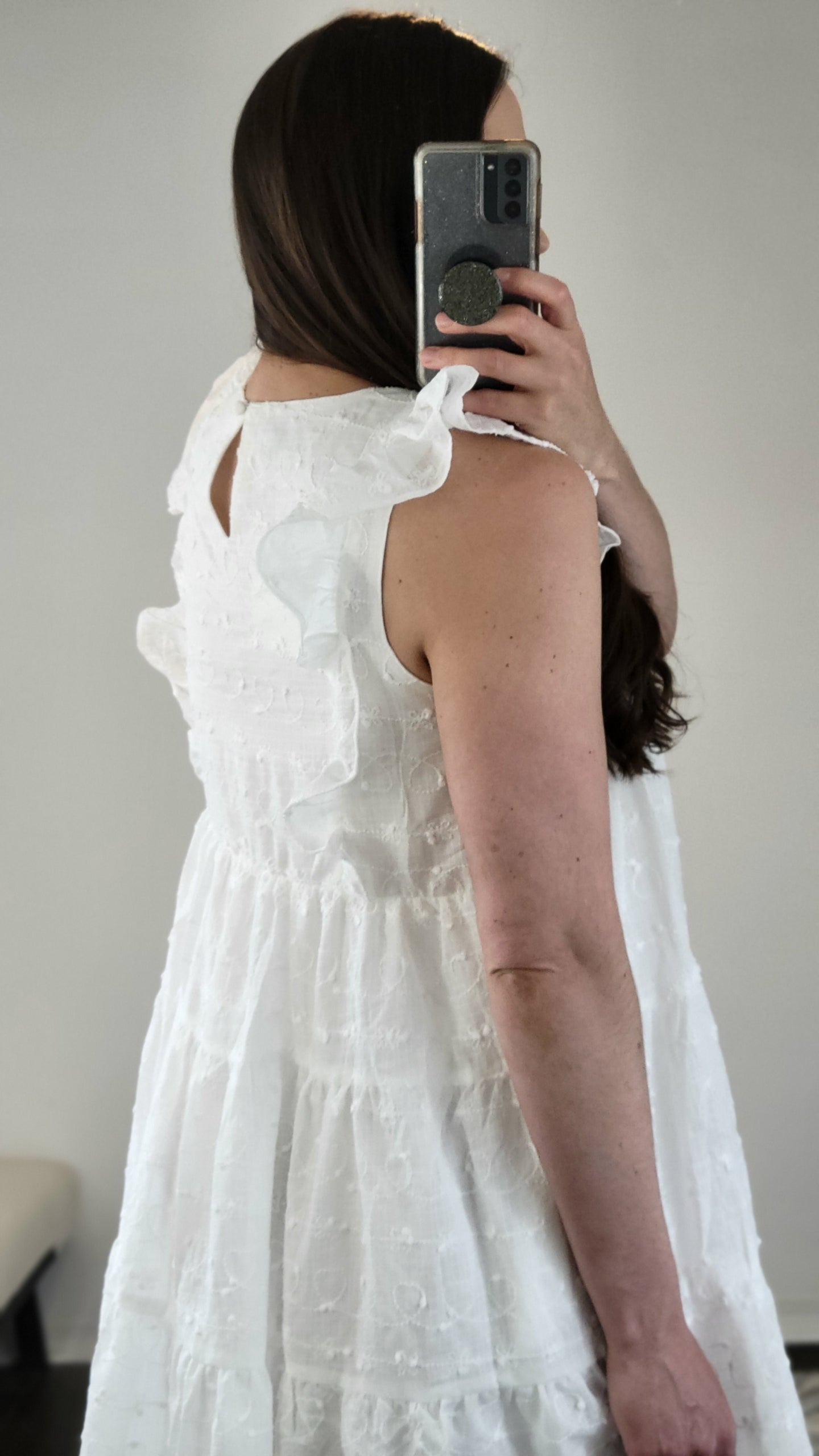 White Puff Embroidered Ruffled V-Neck Mini Dress with Pockets “Rachel” (L)(1X)