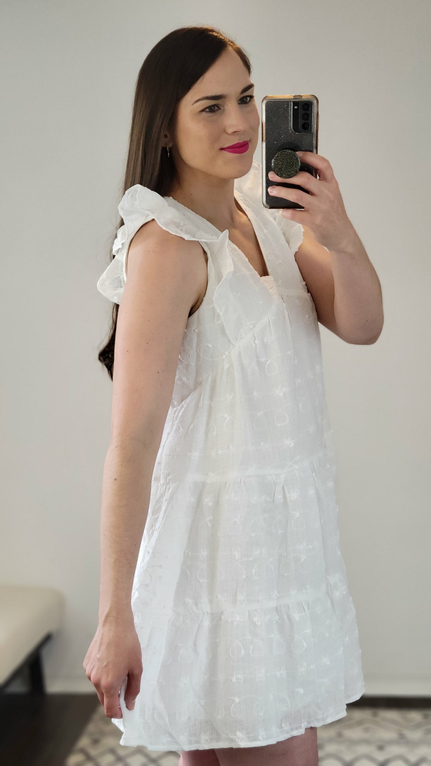 White Puff Embroidered Ruffled V-Neck Mini Dress with Pockets “Rachel” (L)(1X)