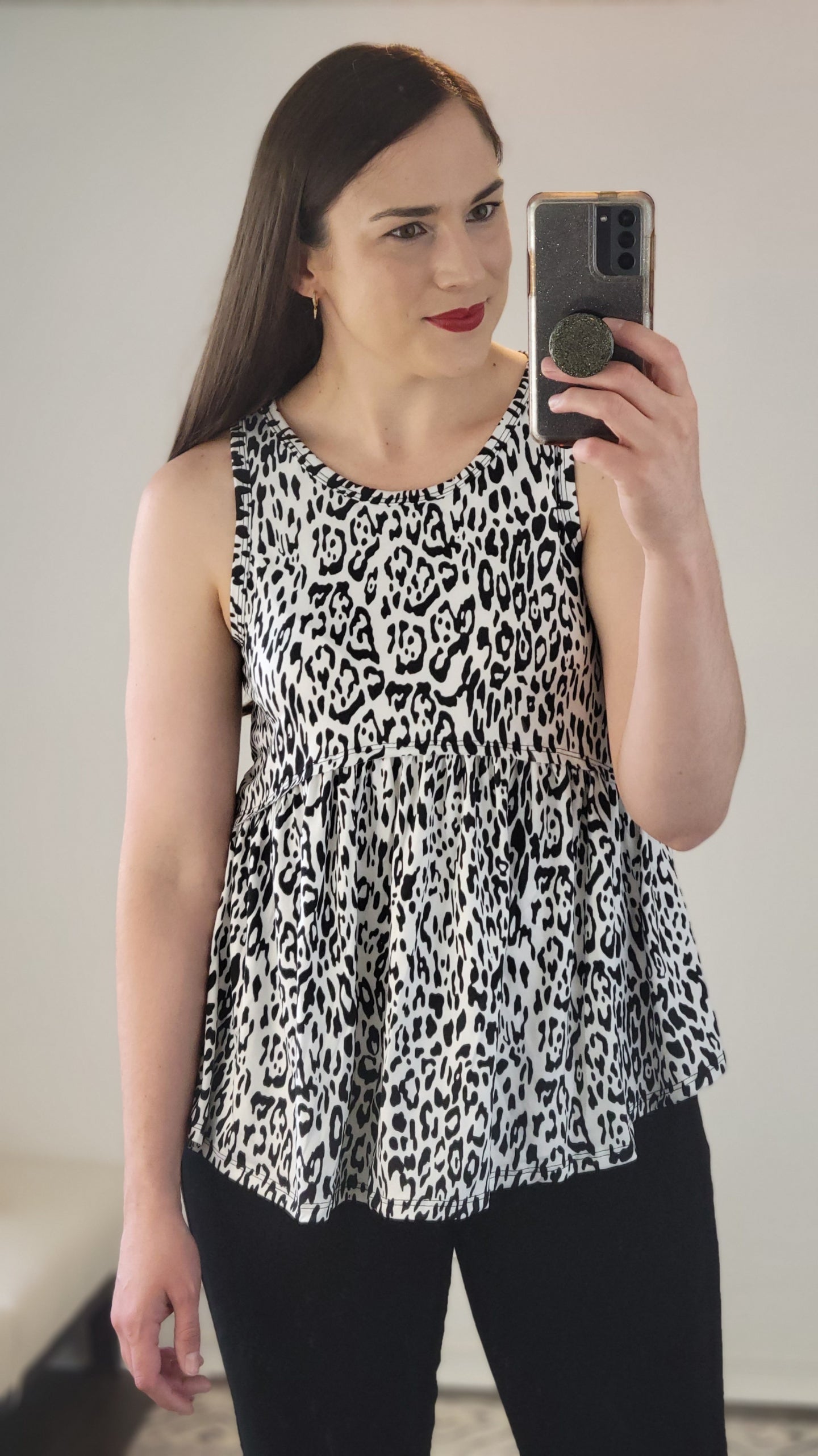 White/Black Leopard Print Sleeveless Babydoll Knit Top  “Susan”