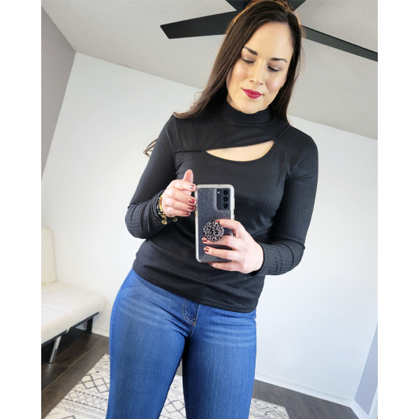 Black Knit Asymmetrical Keyhole Long Sleeve Top
