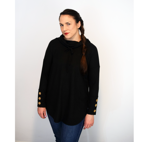 Black Cowl Neck Button Tab Sleeve Tunic
