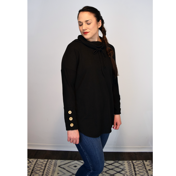 Black Cowl Neck Button Tab Sleeve Tunic