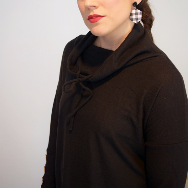 Black Cowl Neck Button Tab Sleeve Tunic