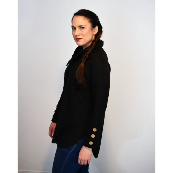 Black Cowl Neck Button Tab Sleeve Tunic