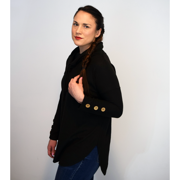 Black Cowl Neck Button Tab Sleeve Tunic